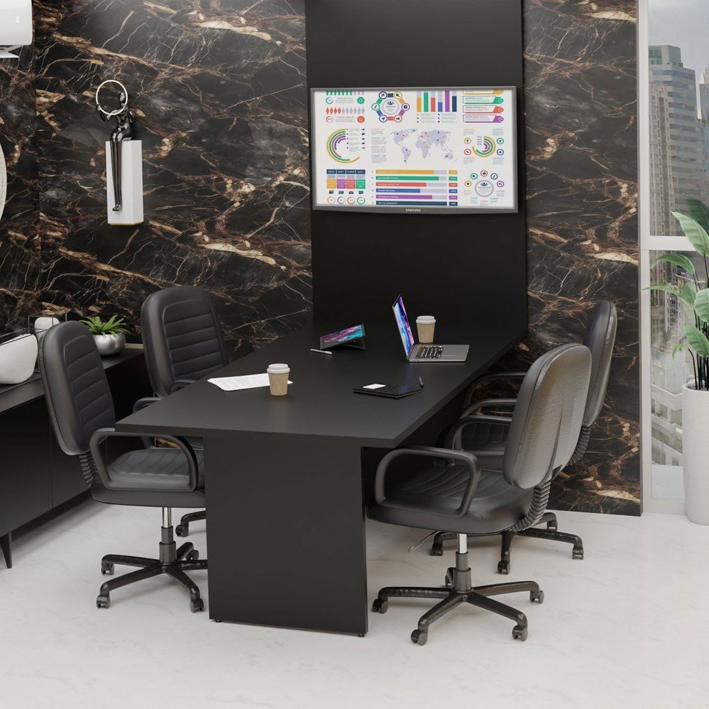 Mesa de Reunião para Escritório com Painel de TV 200x100cm Preto Preto