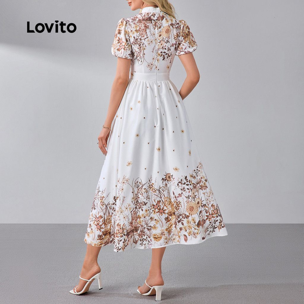 Lovito Vestido Midi Elegante Coreano Com Estampa Floral Mangas Curtas Bufantes Gola Alta Cintura Alta E Modelagem Evasê Para O Dia a Dia Na Primavera/verão Feminina LR13L009 · foto 2