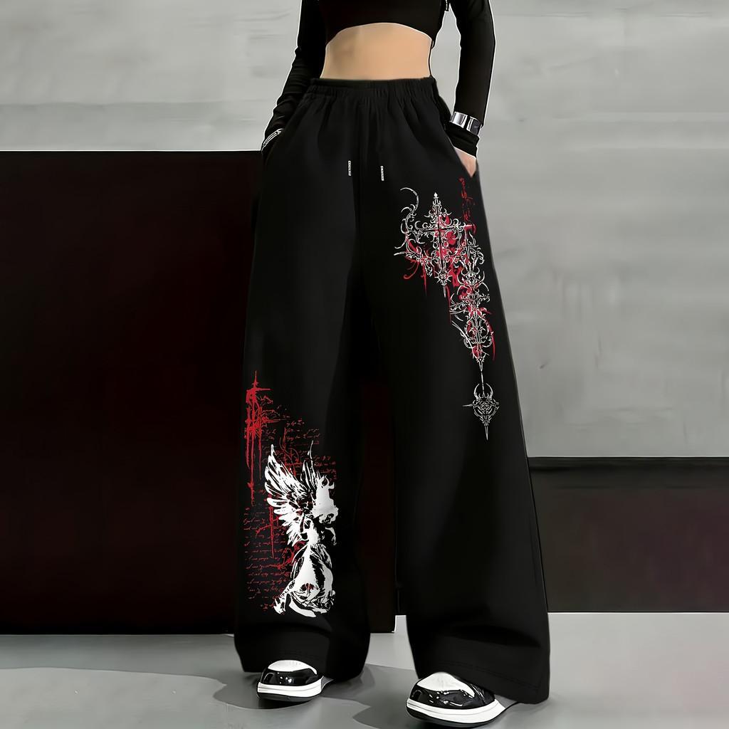 Calça de Moletom Wide Leg Com Estampa de Anjo Com Escritas Vermelhas Gótica Estilosa Larga Confortável