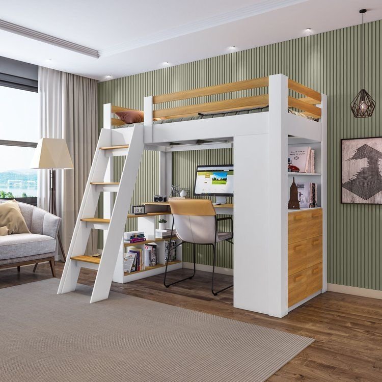 Cama Alta Beliche Office Adulto Multifuncional com 6 Gavetas Micenas Yescasa Branco/Freijó