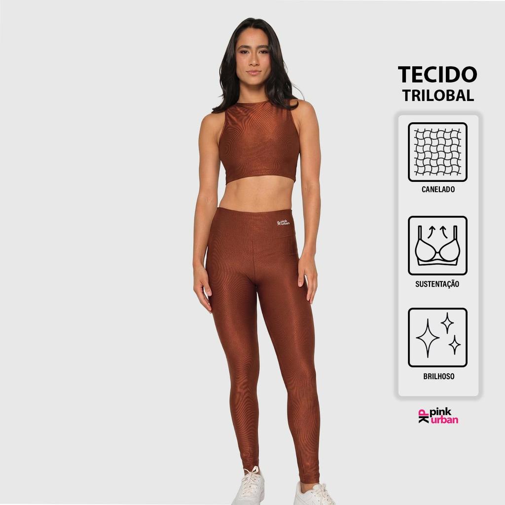 Conjunto Fitness Top Cropped Camiseta Calça Legging Canelado Brilhoso Lux Trilob