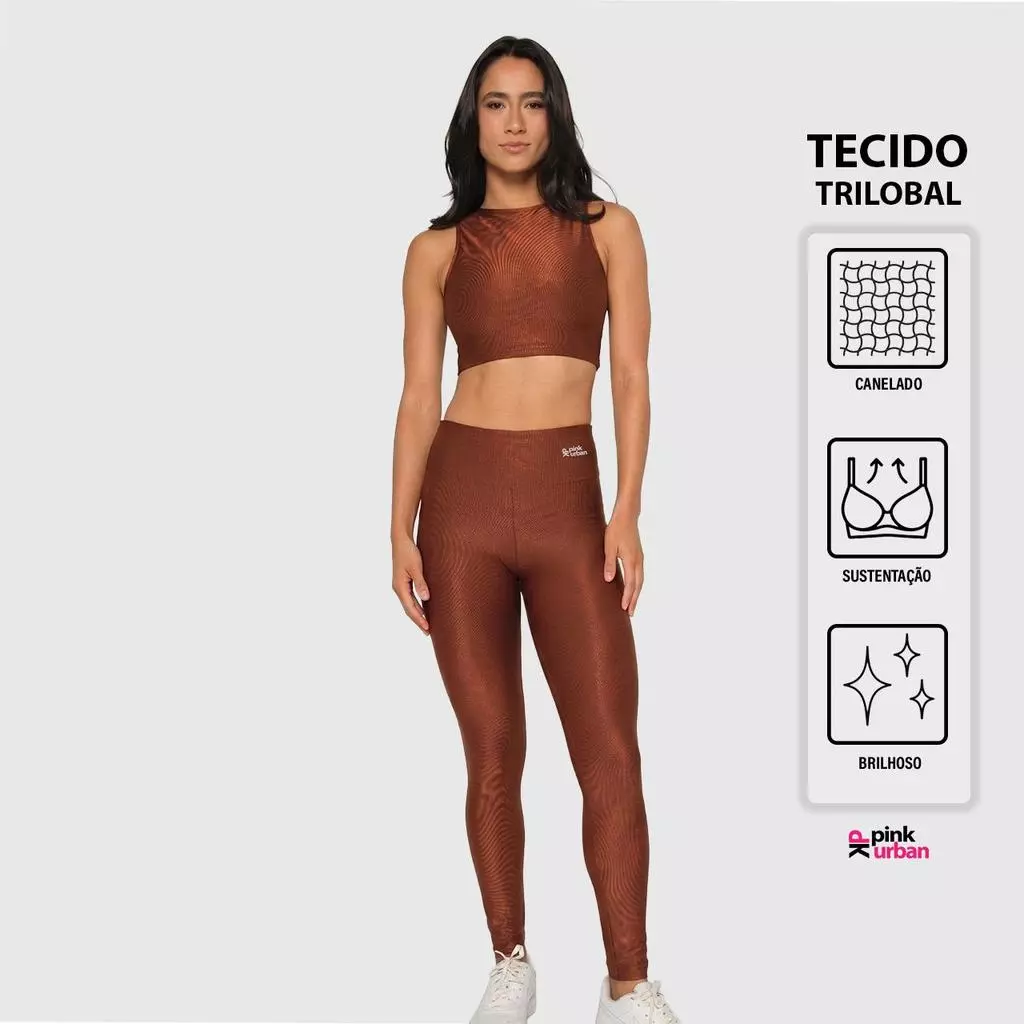 Conjunto Fitness Top Cropped Camiseta Calça Legging Canelado Brilhoso Lux Trilobal Feminino Liso Básico Academia — imagem 1