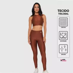 Conjunto Fitness Top Cropped Camiseta Calça Legging Canelado Brilhoso Lux Trilobal Feminino Liso Básico Academia