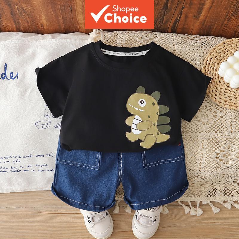 Camiseta De Manga Curta Para Meninos Com Estampa De Dinossauro E Shorts Jeans , Conjunto De 2 Peças , Roupa Infantil De 