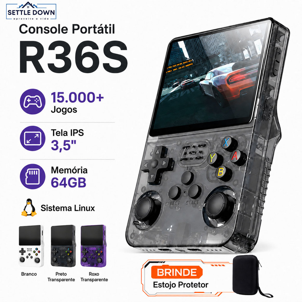 Imagem R36S Console Portátil Vídeo Game 15.000+ Jogos Linux Tela IPS 3.5 Polegadas 64GB