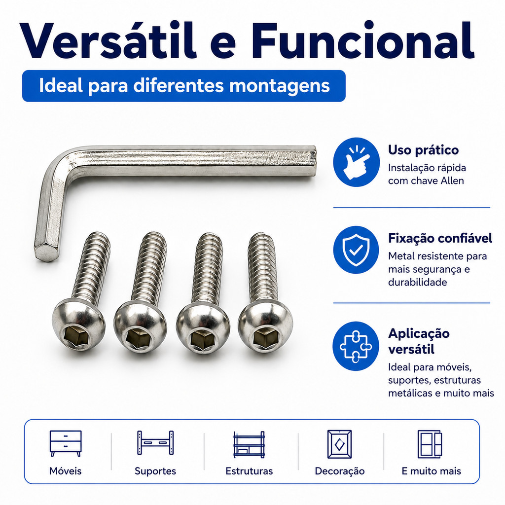Kit Parafuso Allen M6 x 16 mm, Peça de Reparo Para Cadeira Dobrável e Móveis Resistente à Ferrugem
