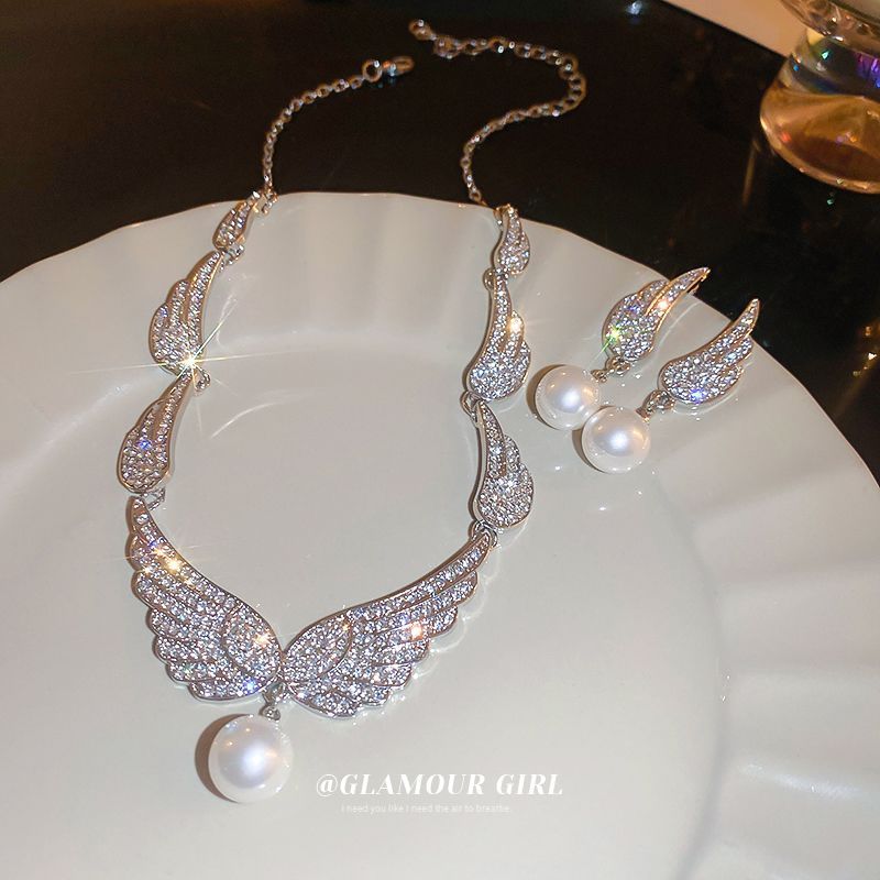 Conjunto de brincos de colar de pérolas com asas de zircônia, estoque pronto, elegante, leve, luxo, corrente de clavícul
