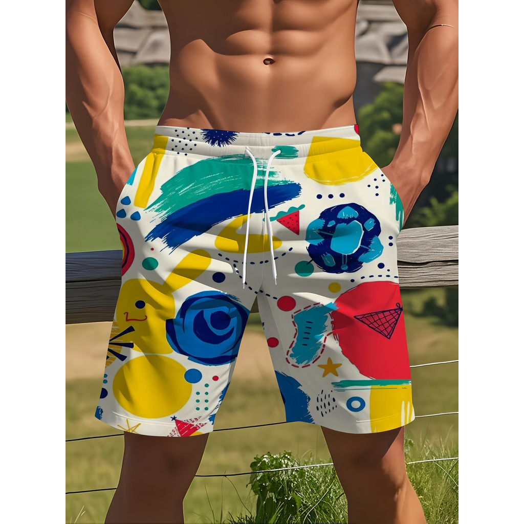 Moda masculina na moda impressa lazer esportes natação praia Shorts, Design de cintura com cordão, adequado para férias 