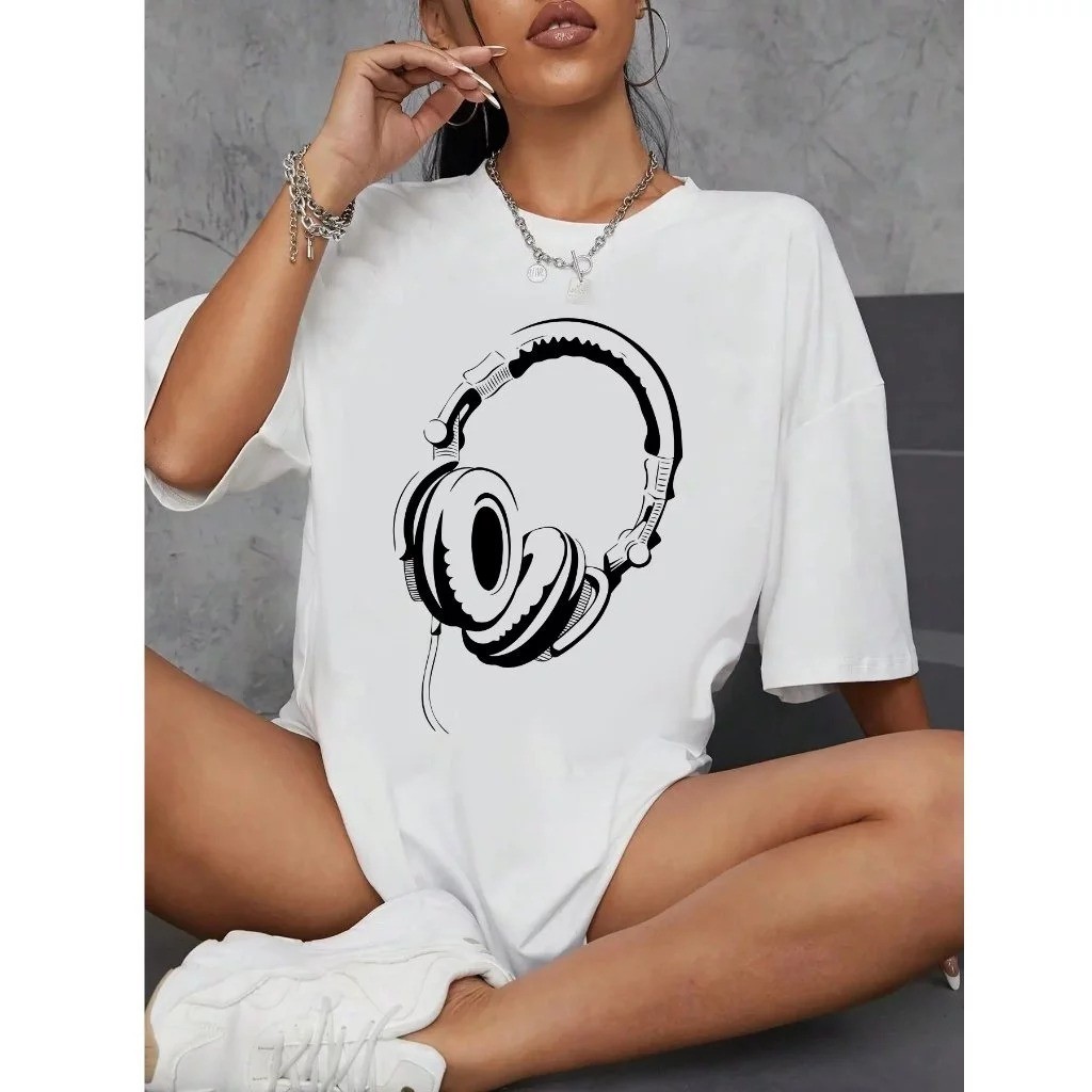 Camiseta Feminina Blusinha T Shit Fashion Algodão Plus Size Infantil Fone Ouvido Musica Academia Treino Casual Academia