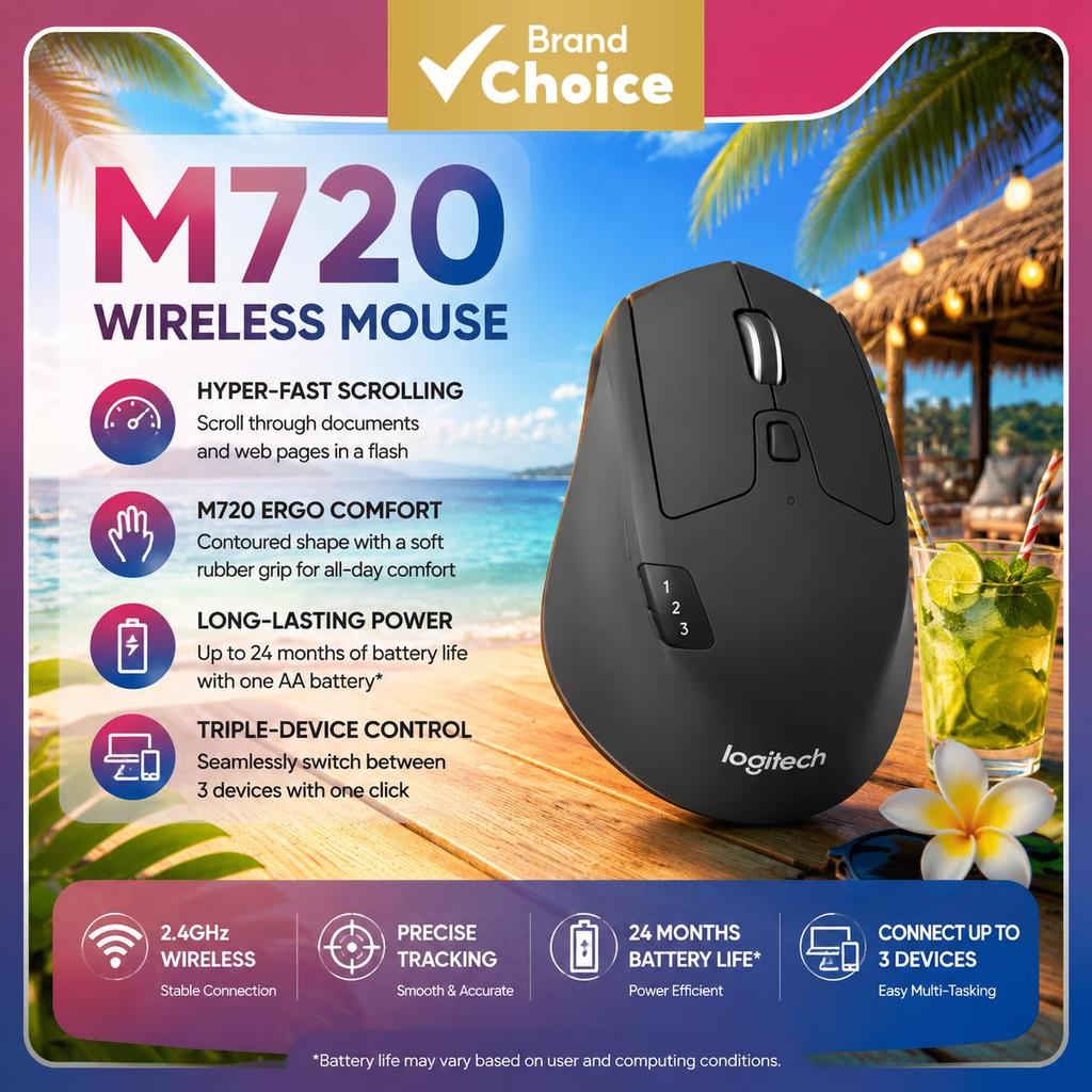 Logitech M720 Mouse Wireless Bluetooth Multi-Dispositivo, Controle Ergonômico de Precisão, Receptor 2.4G, PC Laptop