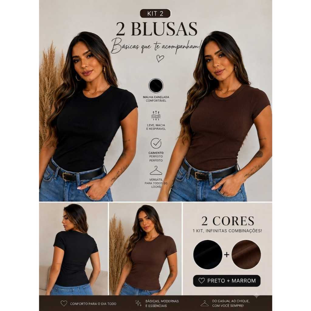 Kit 3 Blusas Feminina Estilosa Ribana Canelado Elegante Tendência Verão