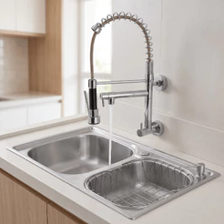 Cuba Dupla Gourmet Aço Inox 68x38cm Cozinha Com Torneira Monocomando Spray de Parede Cesto Escorredor Dispenser