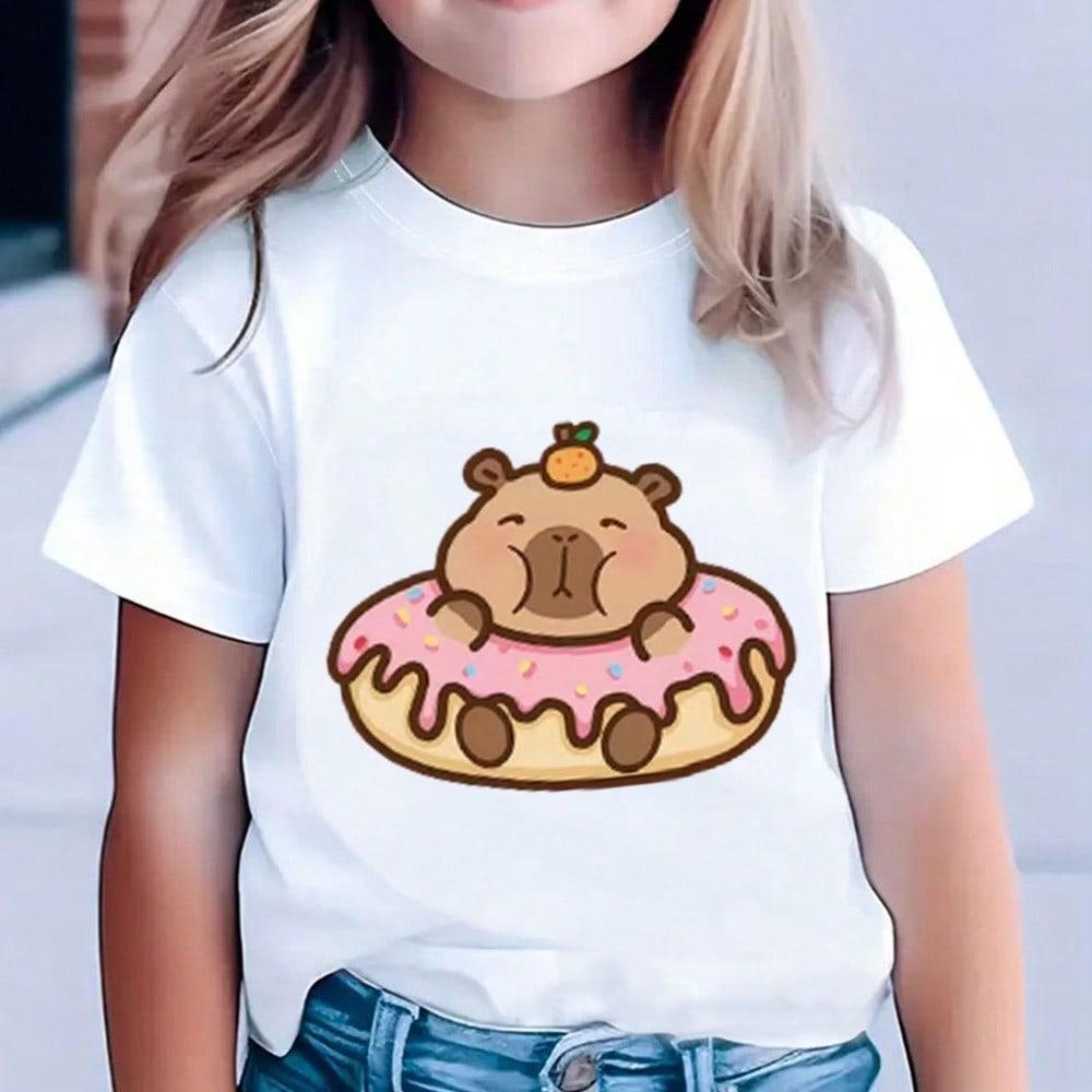 Camiseta infantil 100% algodão estampada Capivara pequena cupcake grande look divertido para meninas