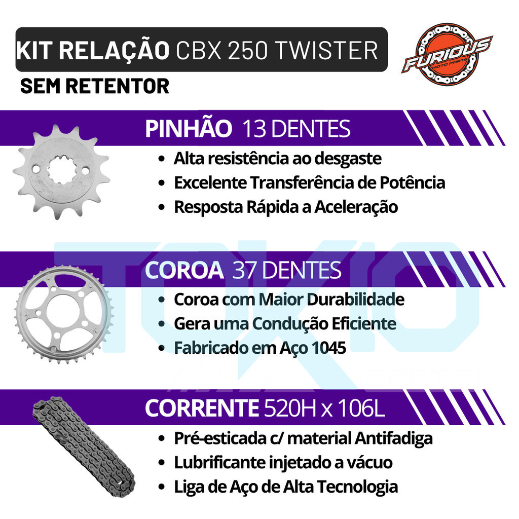 KIT RELAÇÃO TWISTER CBX 250 2001 A 2008 TRANSMISSÃO · foto 2