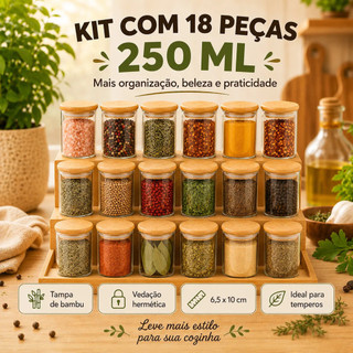 Kit Porta Temperos Potes de Vidro 250ml Tampa Bambu Hermética Organizador Cozinha para Especiarias e Condimentos