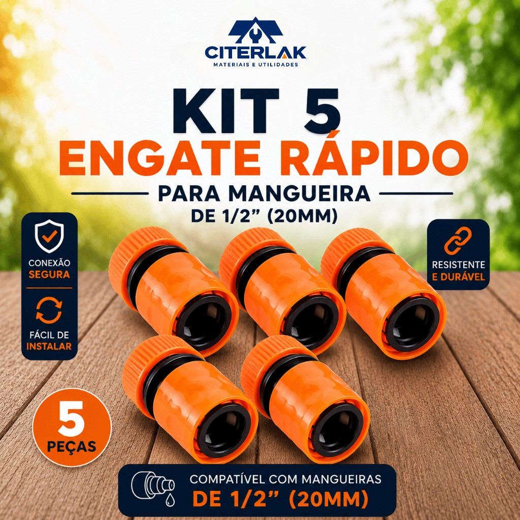 Kit 5 Unidades Engate Rápido para Mangueira 1/2 em Plástico PVC