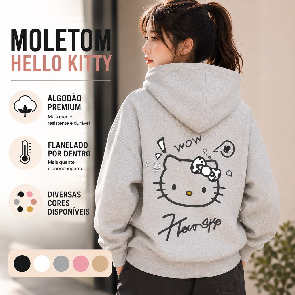 Moletom Canguru Hello Kitty Feminino Flanelado Com Capuz Algodão Premium Estampado Quente Confortável Diversas Cores