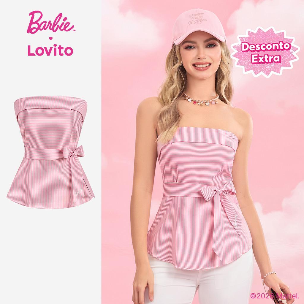 BarbieTM X Lovito Elegant Top Laço Frontal Estampa Primavera/verão Rosa Feminino TKBL4PAD006
