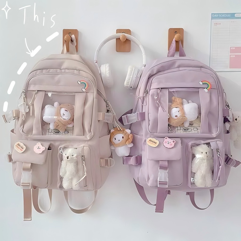 Mochila Feminina Escolar Passeio Coreano Grande Capacidade Com pingente de urso(Com pingente)