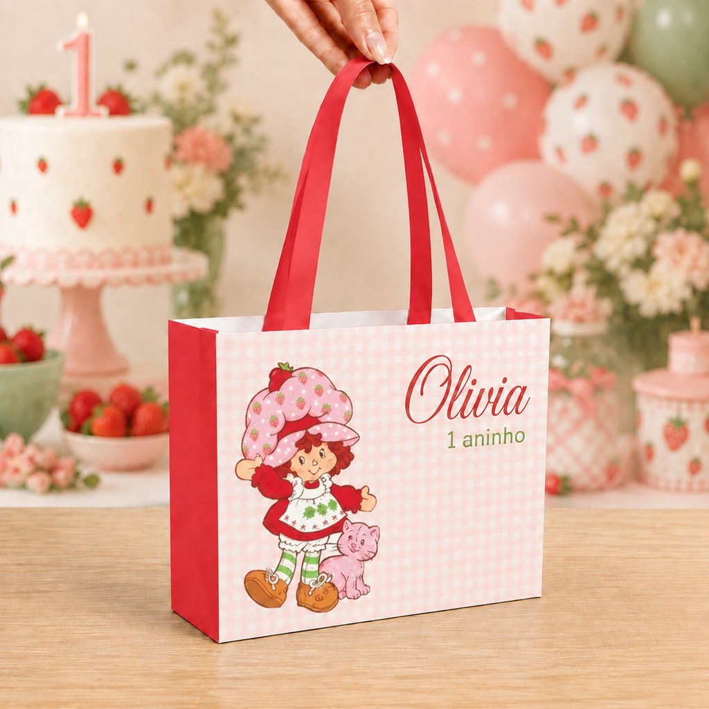 Sacolinha grande personalizada MORANGUINHO VINTAGE ANTIGA ANOS 80 - lembrancinhas de festa infantil sacola para doces