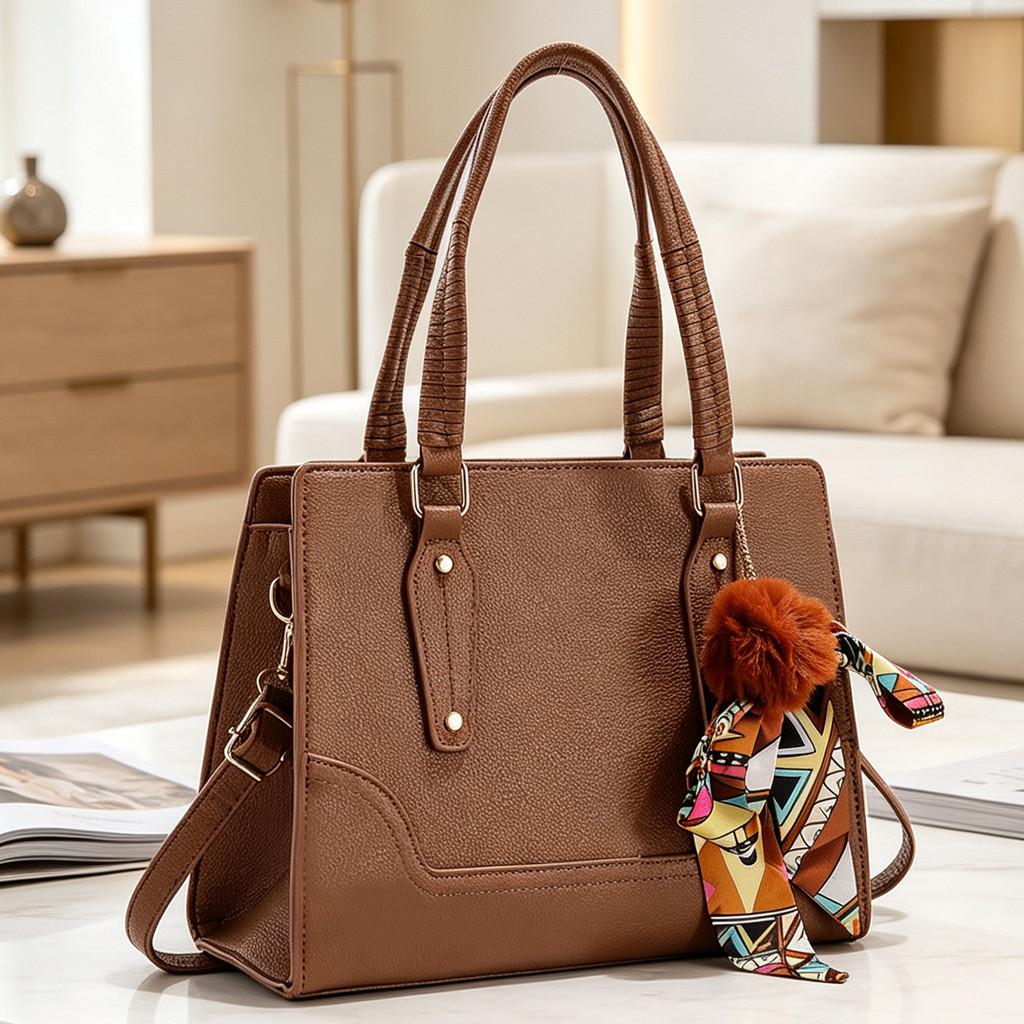 Bolsa de Mão Feminina PU com Costura Decorativa Compartimentos Multiuso Alça Removível para Uso Profissional