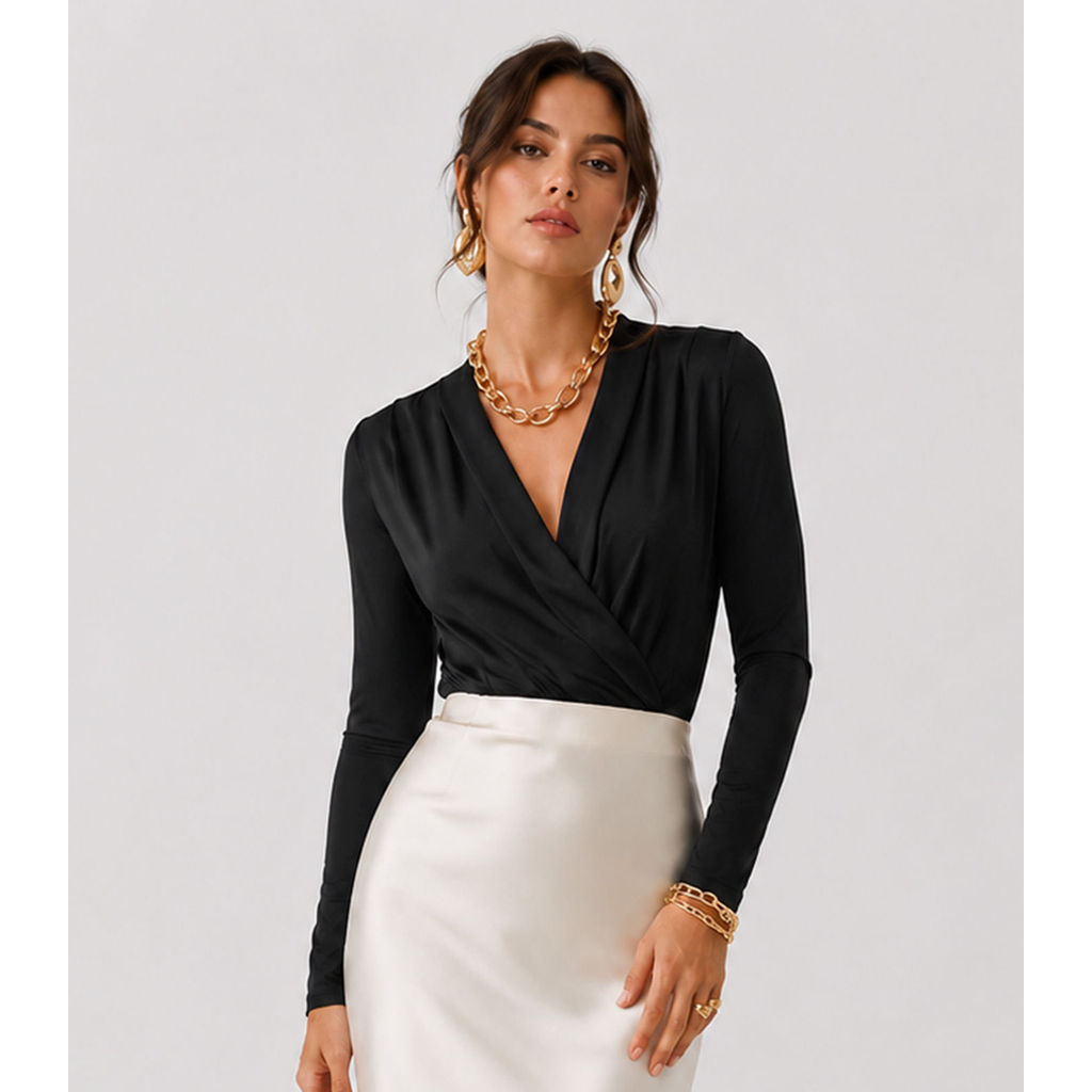 Body Feminino Manga Longa Transpassado Atendencia Preto