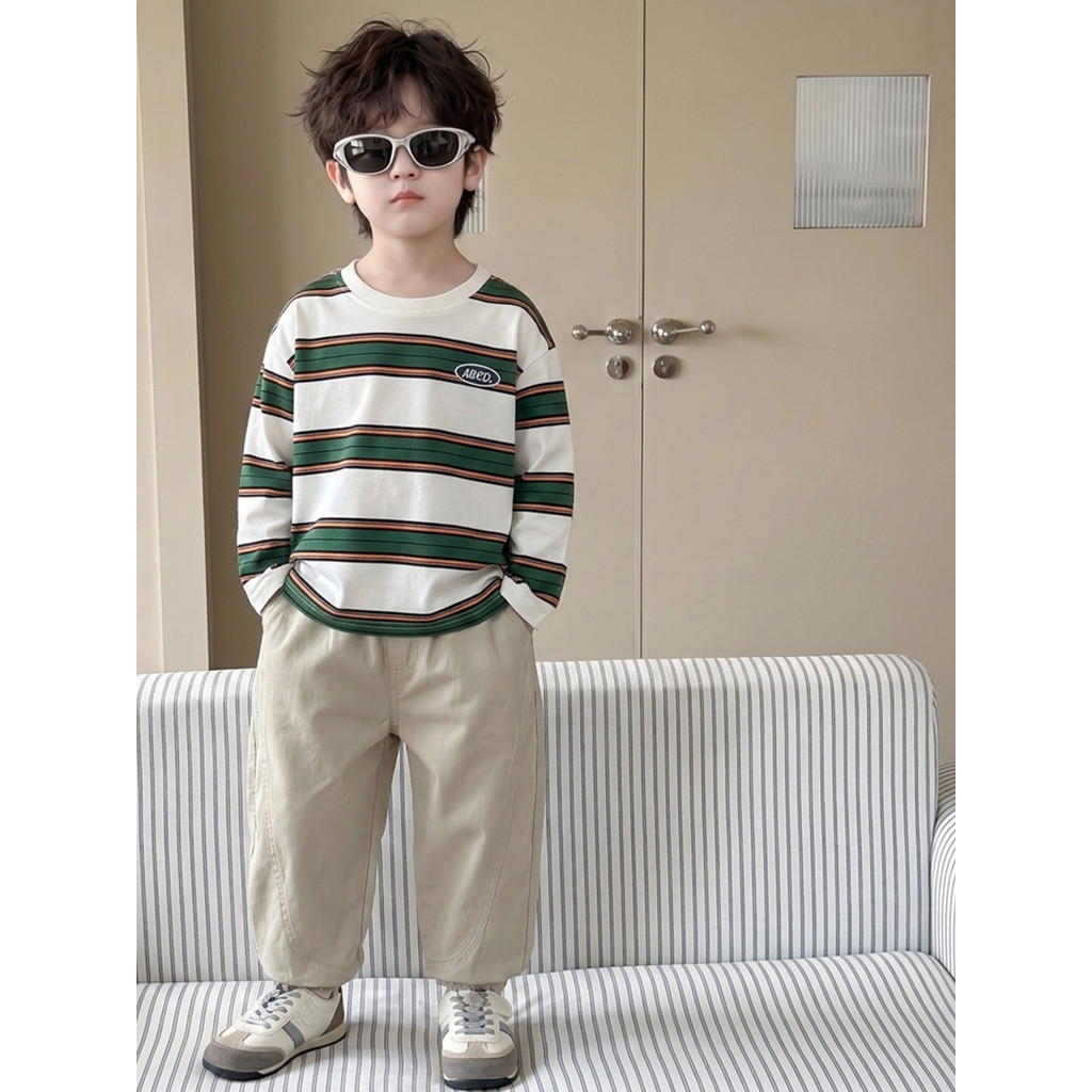 Meninos listrado camiseta de manga comprida primavera outono estilo 2026 novo estilo crianças Casual topo moda bebê puro