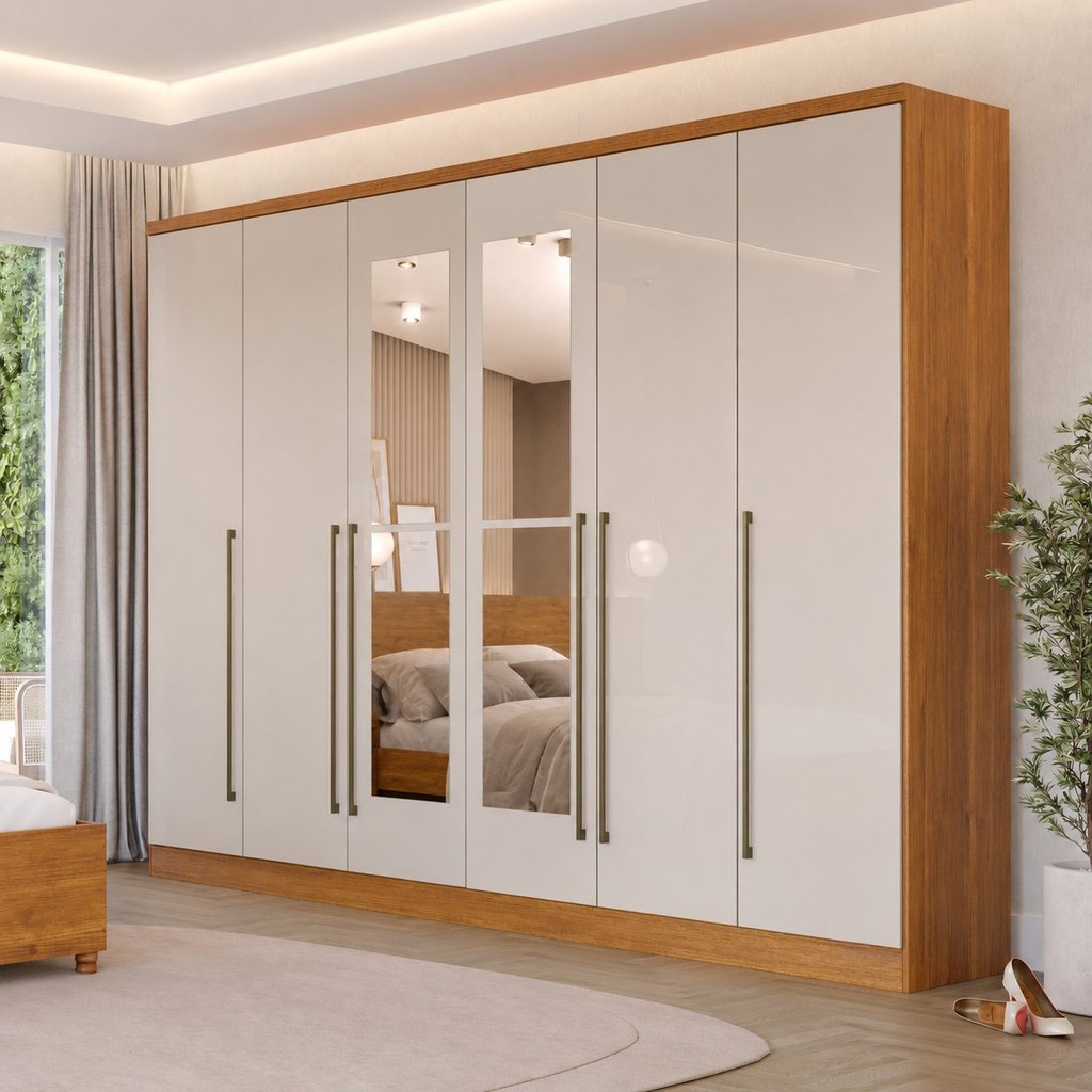 Guarda-Roupa Casal com Espelho 6 Portas 8 Gavetas 270cm Sevilla Cinamomo/Off White