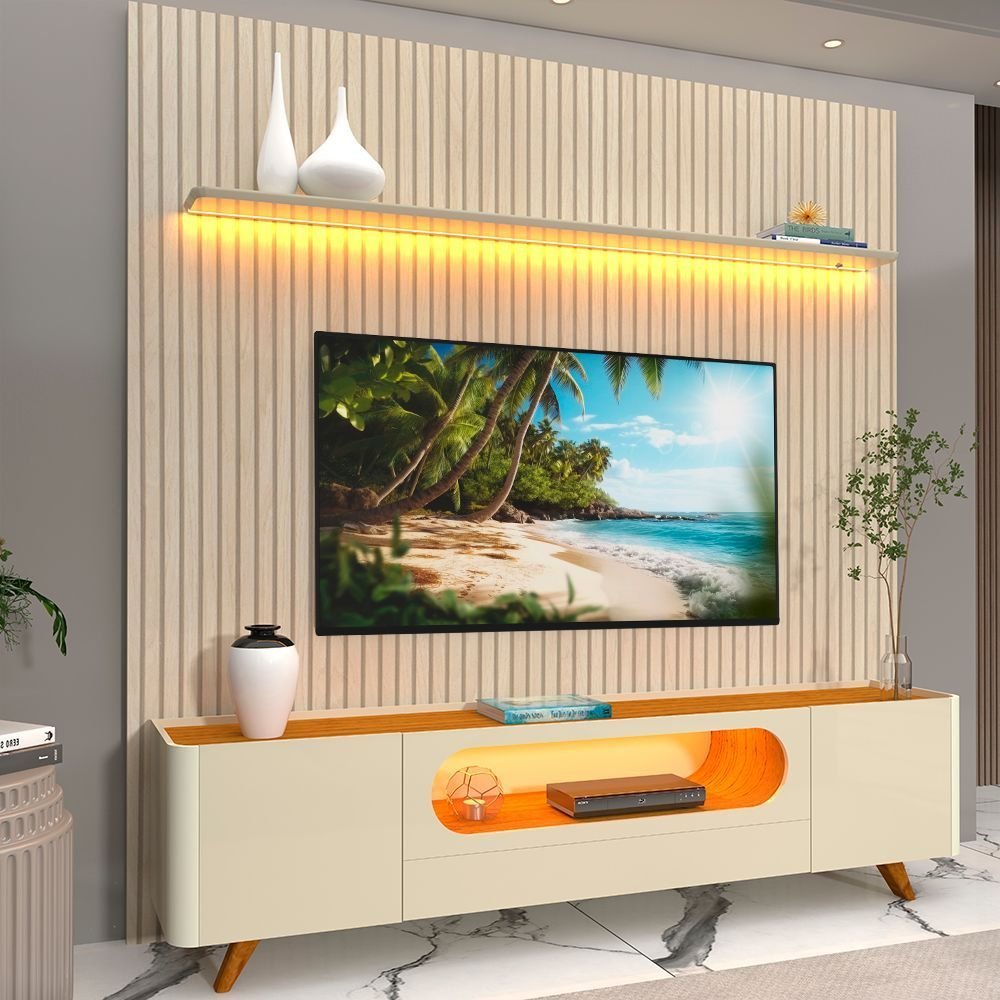 Rack com Painel Ripado para TV até 90 Polegadas 100% MDF com LED 224CMX310,5cm Pés em Madeira Maciça 1 Gaveta 2