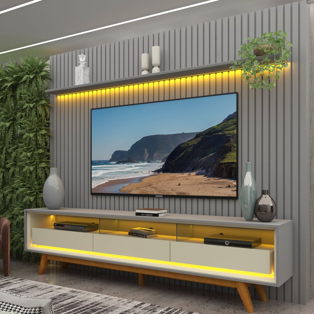 Rack com Painel Ripado para TV até 90 Polegadas 100% MDF com LED 228,8CMX308CM Pés em Madeira Maciça 3 Gavetas Nobre