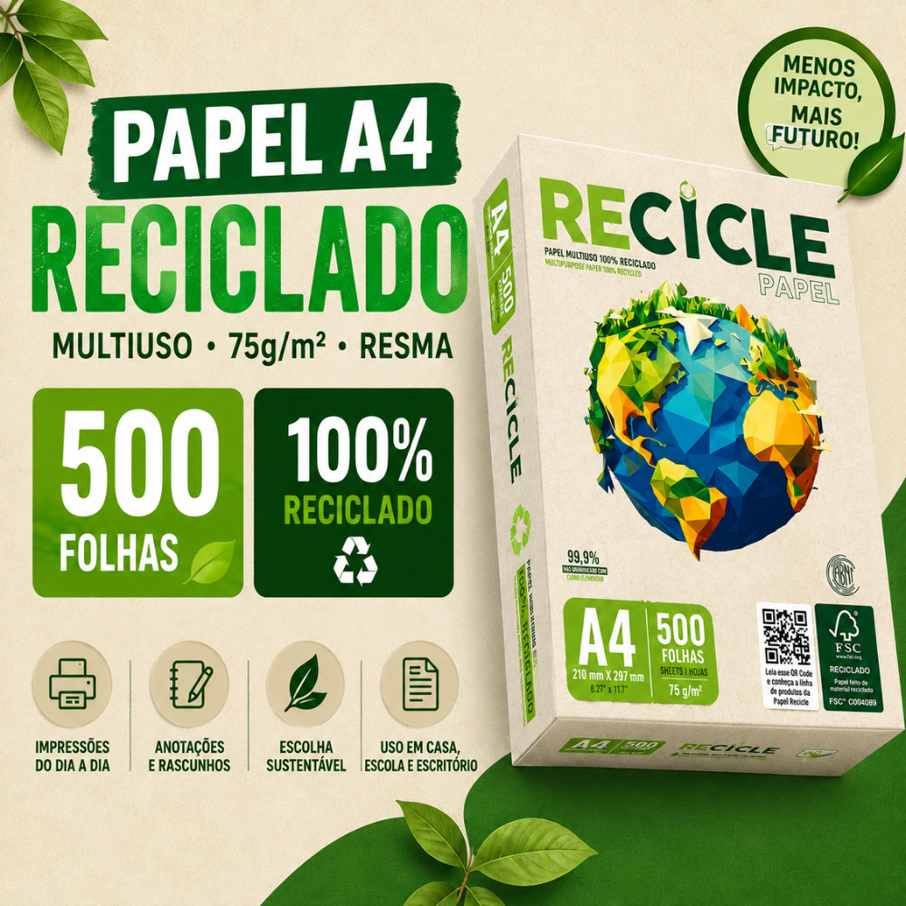 Papel Sulfite A4 Reciclado Jandaia Recicle 500 Folhas 75g Multiuso Cor Bege Natural
