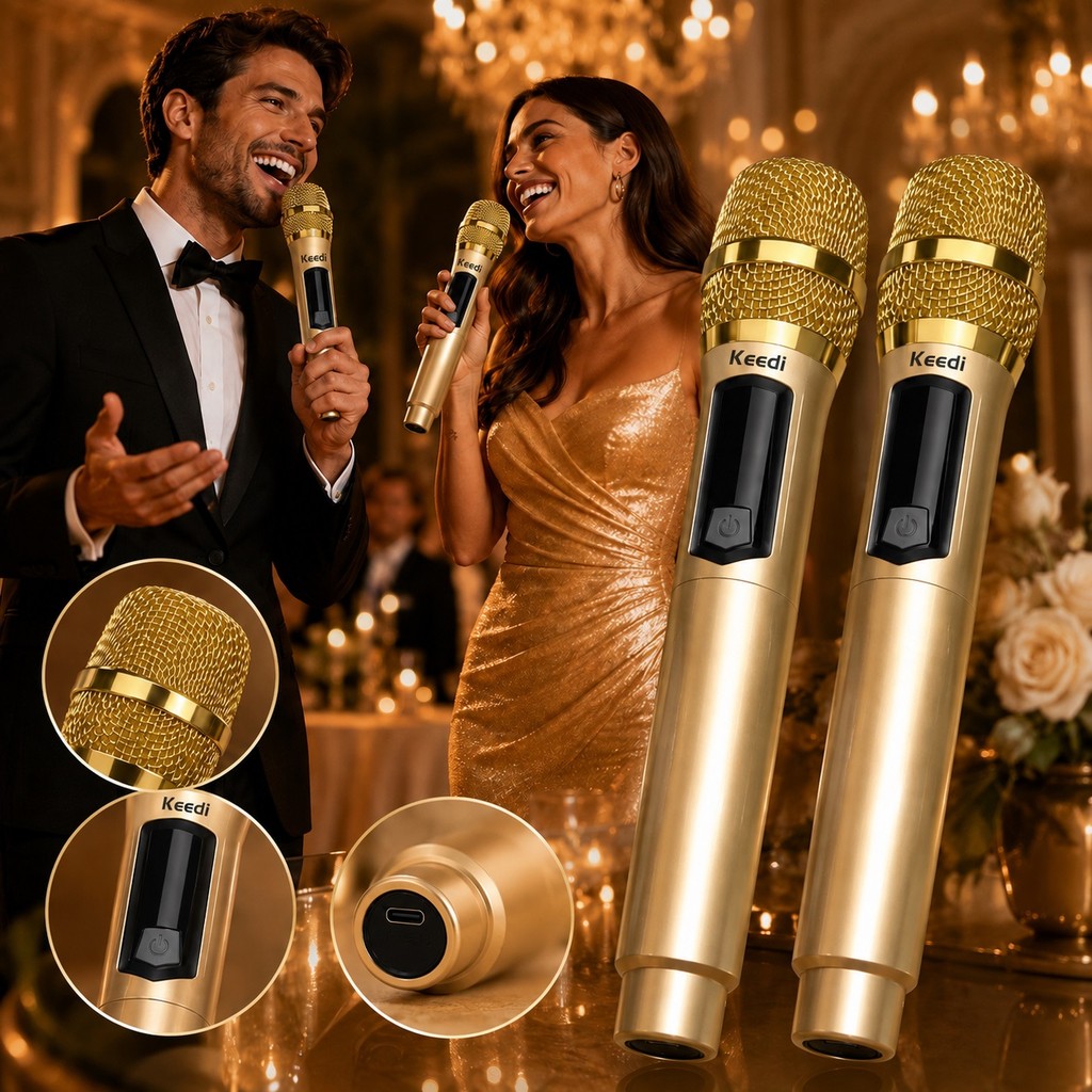 Microfone para Karaokê Eventos e Apresentações Kit 2 Sem Fio Dourados 2.4GHz Recarregáveis P10 USB-C 40m MIC-1029