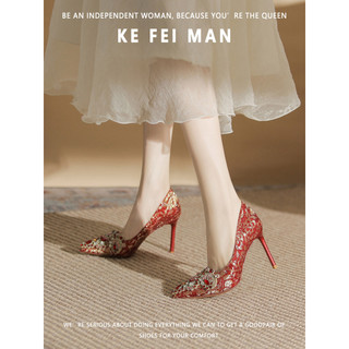 [Kefiman] Strass Xiuhe Sapatos de Casamento Mulheres 2026 Novo Estilo Vermelho Casamento Salto Alto Sapatos Bordados Sap
