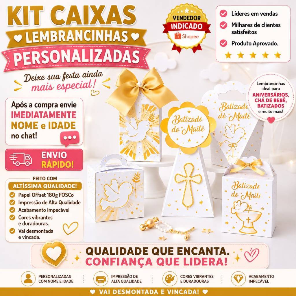 Kit 50 Caixa Batizado Dourado Lembrancinha Personalizado Aniversário Infantil Primeira Comunhão Pegue e Monte