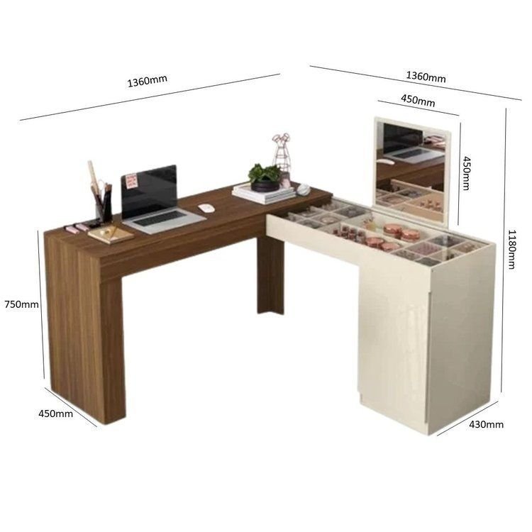 Escrivaninha Mesa Escritório Penteadeira de Canto com Espelho Star 1 Porta 136cm Off White Marrom Freijó/Off White · foto 2