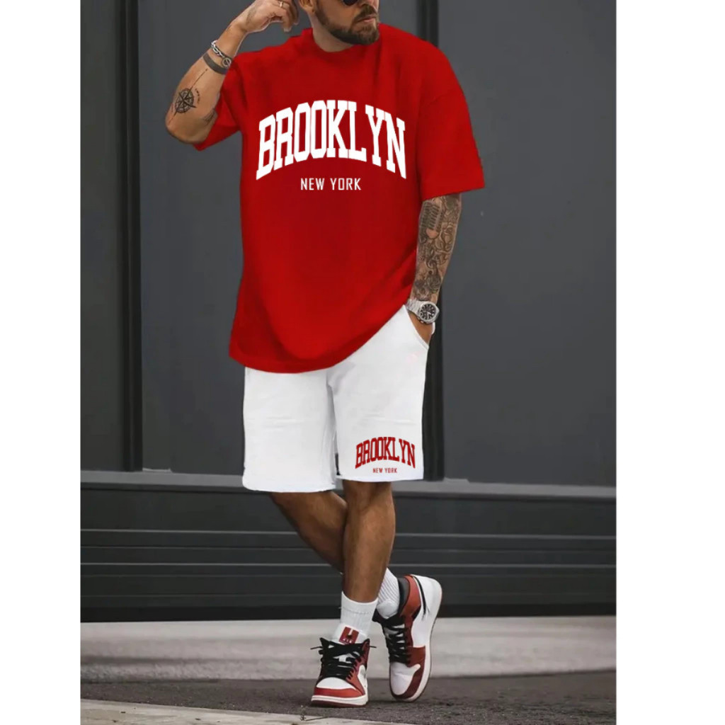 Kit Camisa 100% algodao e Short Tactel Masculino Brooklyn Moderno Casual Estiloso Tendencia Confortavel Verão