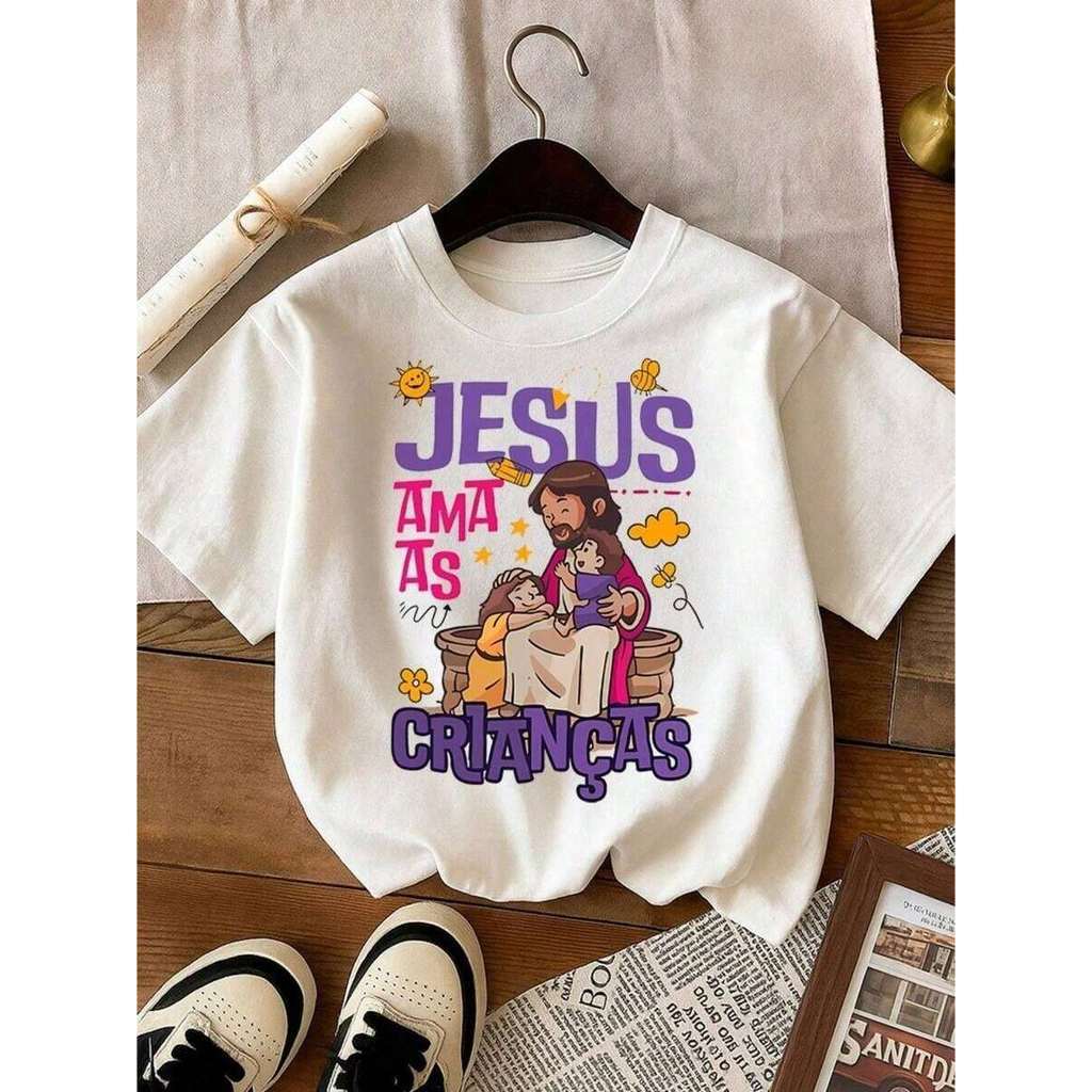 Camiseta Infantil Jesus Ama As Crianças 100% Algodão Fofo Estampa Religiosa