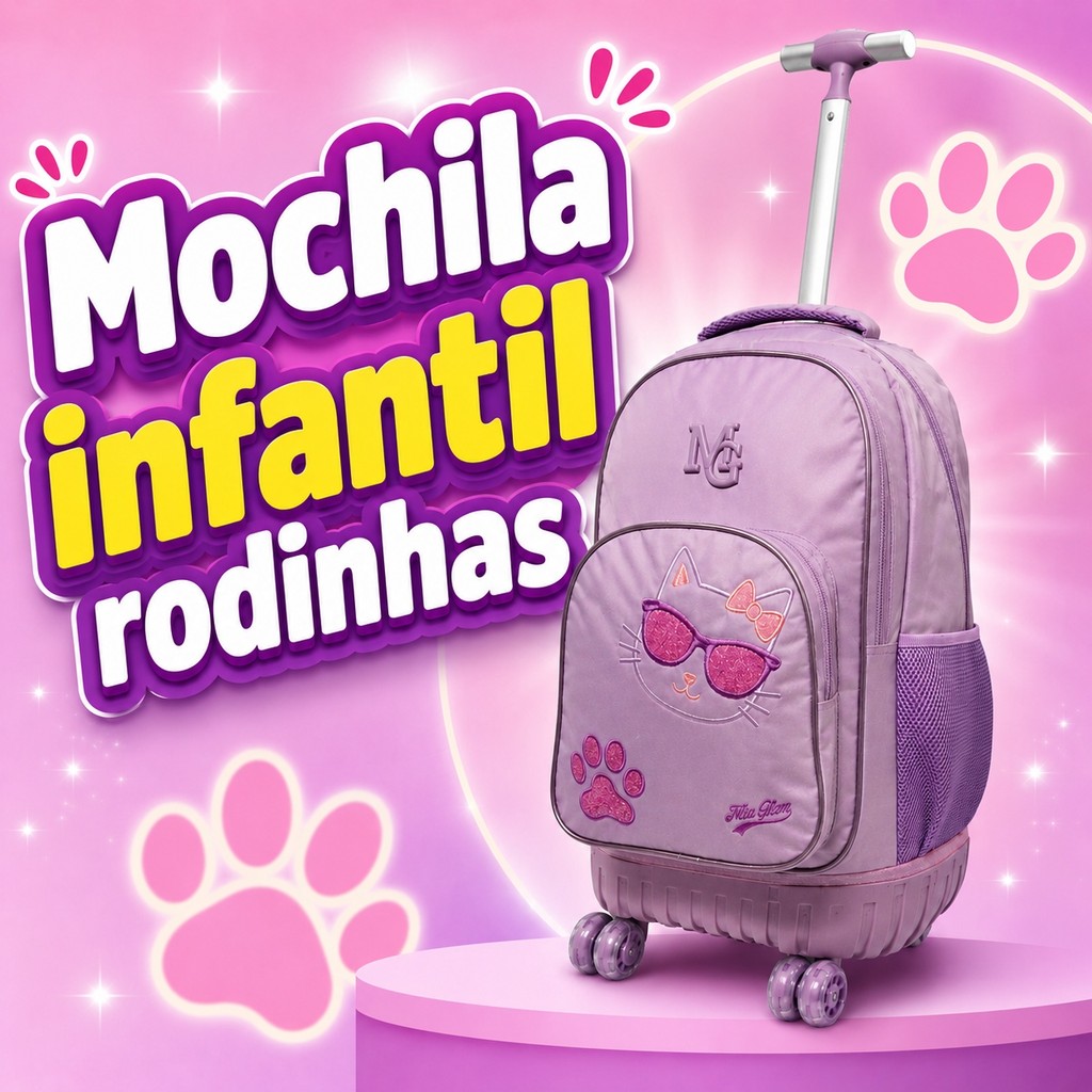 Mochila infantil com rodinhas, mochila com carrinho, mochila fofa com desenho de gato