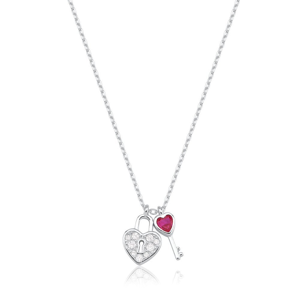 Colar Feminino de Prata 925 Elo Cadeado com Coração Chave