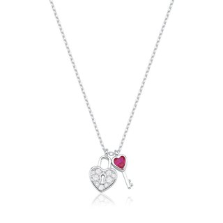 Colar Feminino de Prata 925 Elo Cadeado com Coração Chave