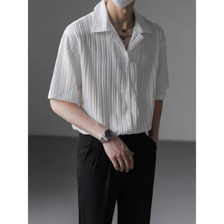 High-End Drape camisa de seda gelo masculina verão novo estilo de manga curta solta branca Casual topo