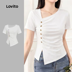Lovito Camiseta Casual Feminina Branca Primavera/verão com Botão Plissado Assimétrico L199ED498