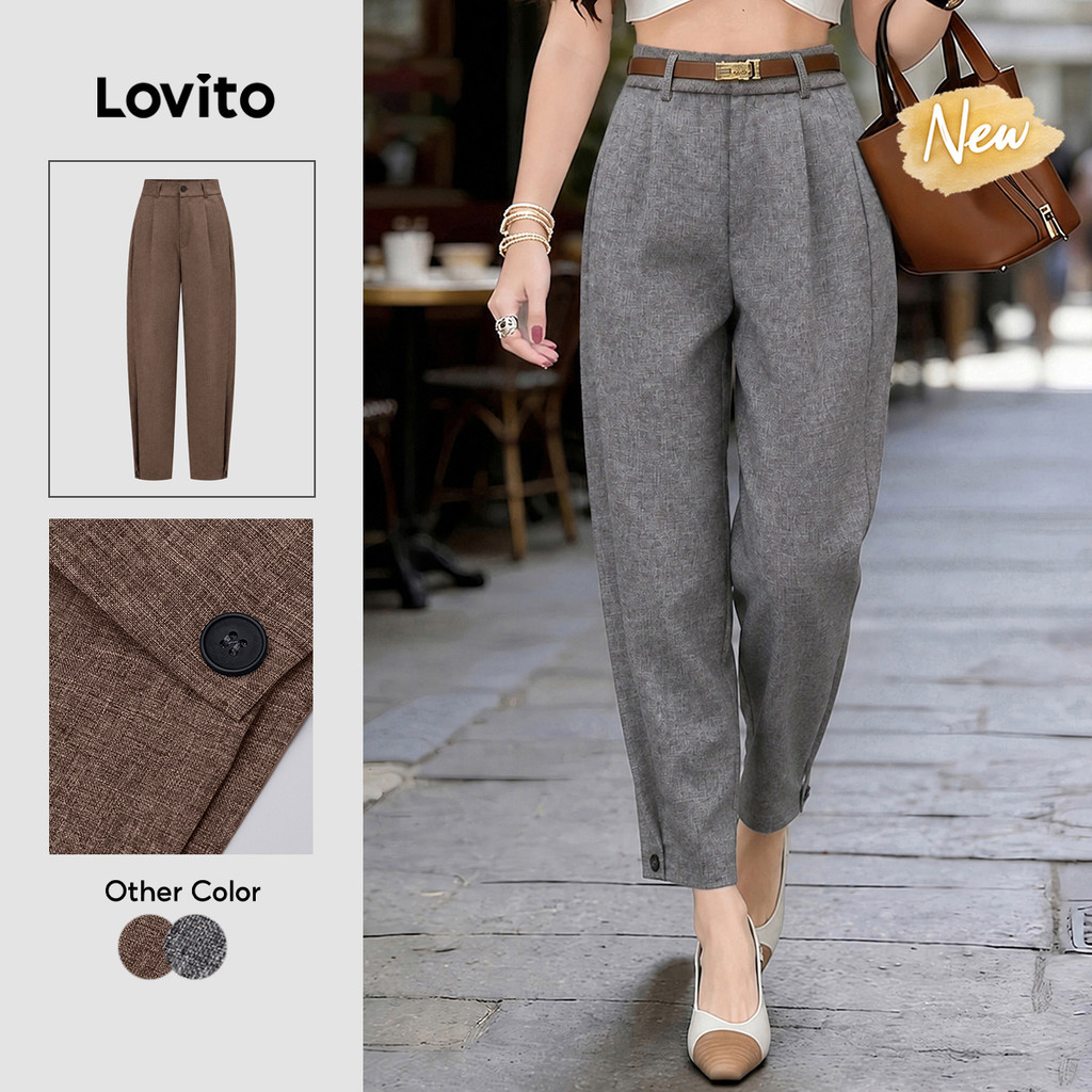 (New Arrival) Lovito Calça Elegante Retrô Anos 90 Com Botões E Pregas Cinza Para Mulheres PTK9P1D284