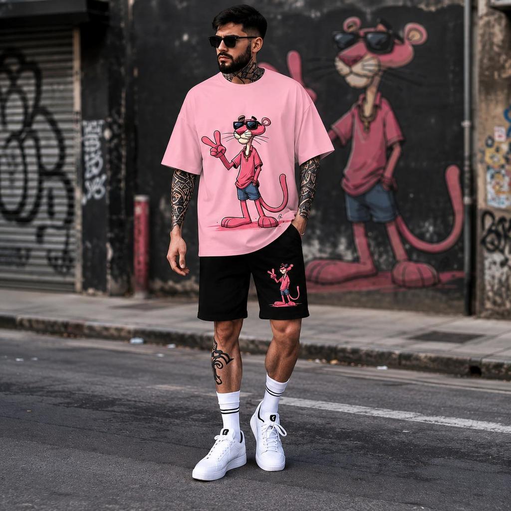 Conjunto Streetwear Masculino Camiseta e Bermuda Pink Panther em Algodão Premium Estampado