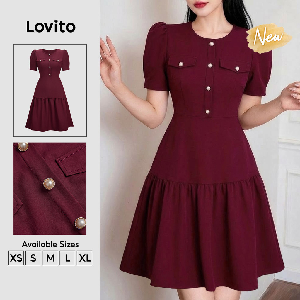 (New Arrival) Lovito Vestido Feminino Claret De Comprimento Até O Joelho Com Botões Frontais Bainha Com Babado E Corte Evasê Para Primavera/verão E Trabalho Elegante DRB205P2D365