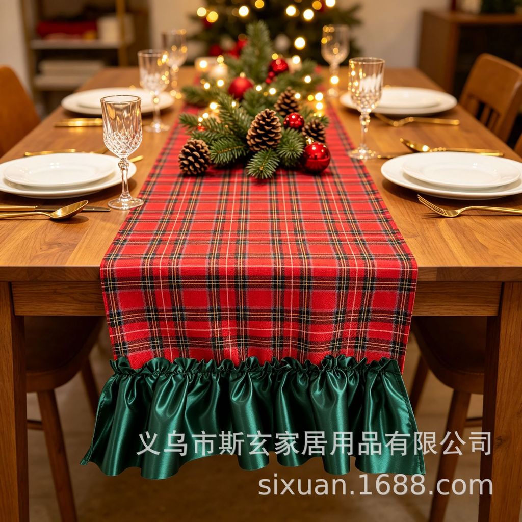 Amazon novo estilo vermelho xadrez saia corredor de mesa decoração de mesa de natal longo corredor de mesa linho impress