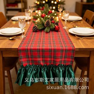 Amazon novo estilo vermelho xadrez saia corredor de mesa decoração de mesa de natal longo corredor de mesa linho impress