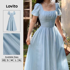 Lovito Vestido Casual Elegante Textura Lazer Primavera/verão Vestido Azul Claro para Mulheres DRK8P2D158