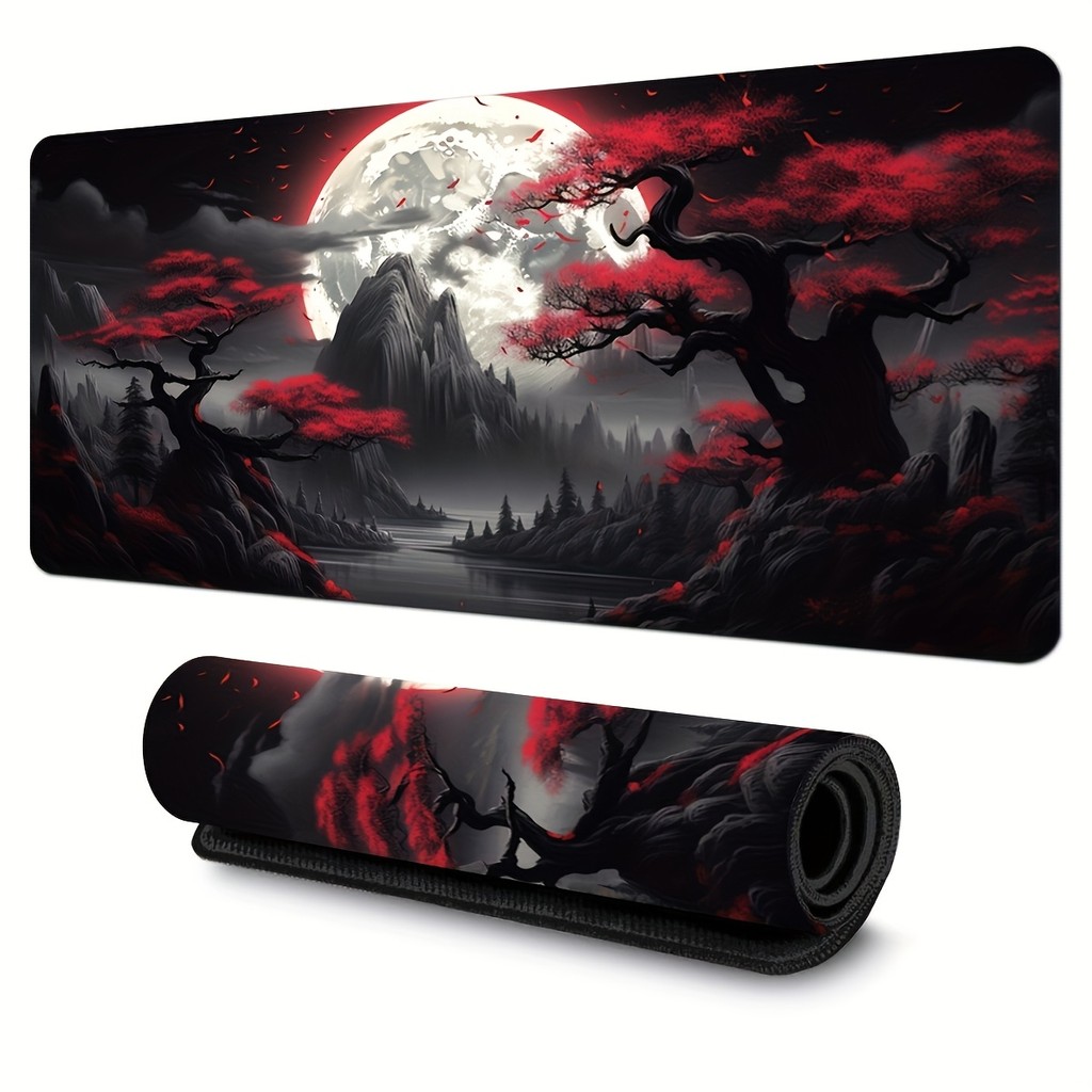 Mouse Pad Gamer XXL Montanha Japonesa Bordo Vermelho Lua Grande Paisagem Tapete Mesa Antiderrapante Borda Costurada