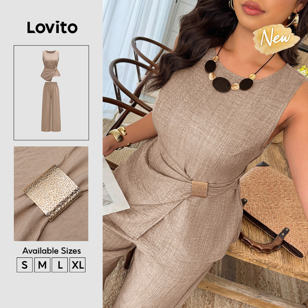 (New Arrival) Lovito Women 'S Casual Khaki Trousers Asymmetrical Metal Buckle Tie Back Spring/summer PSB39BR088